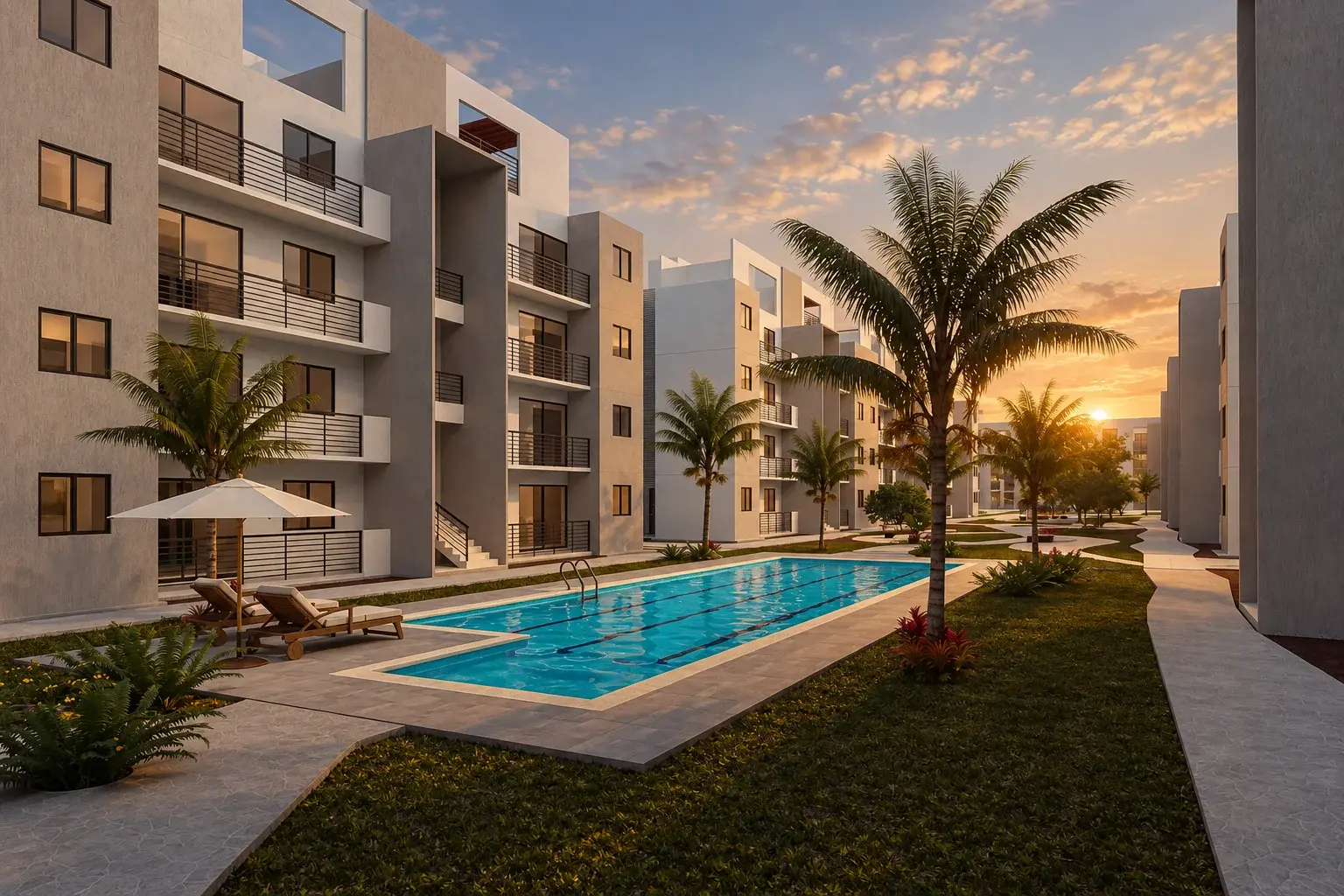 Alberca de Lirios 2 Residencial al atardecer, rodeada de palmeras y edificios de departamentos